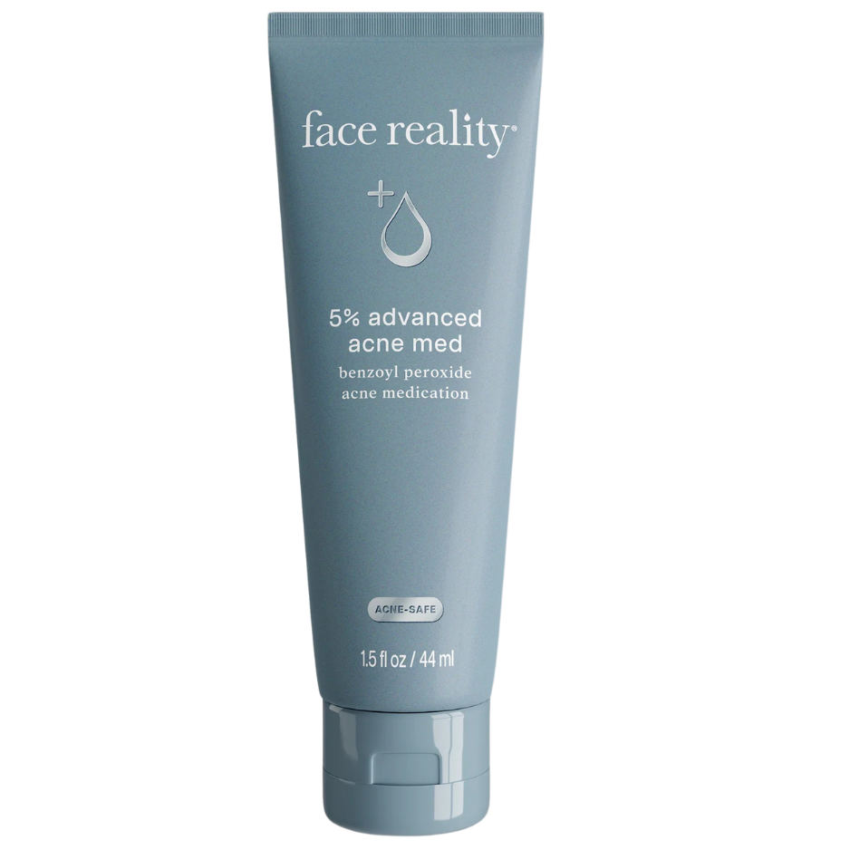 Tube of 'face reality' 5% advanced acne med on a white background