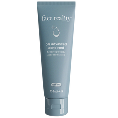 Tube of 'face reality' 5% advanced acne med on a white background