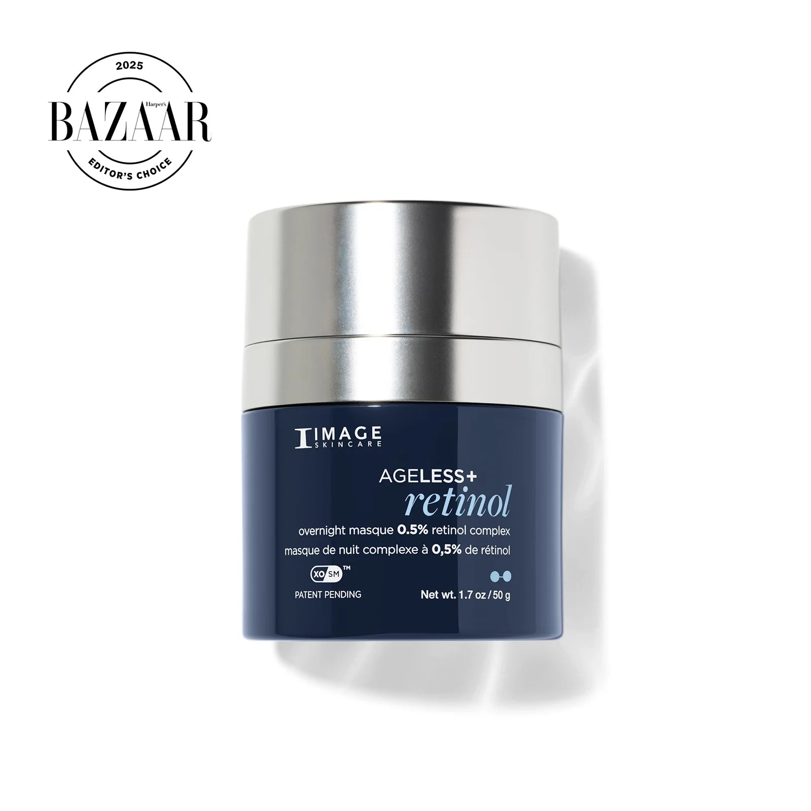 Skincare product with silver lid and blue label on a white background, featuring 'BAZAR' logo.