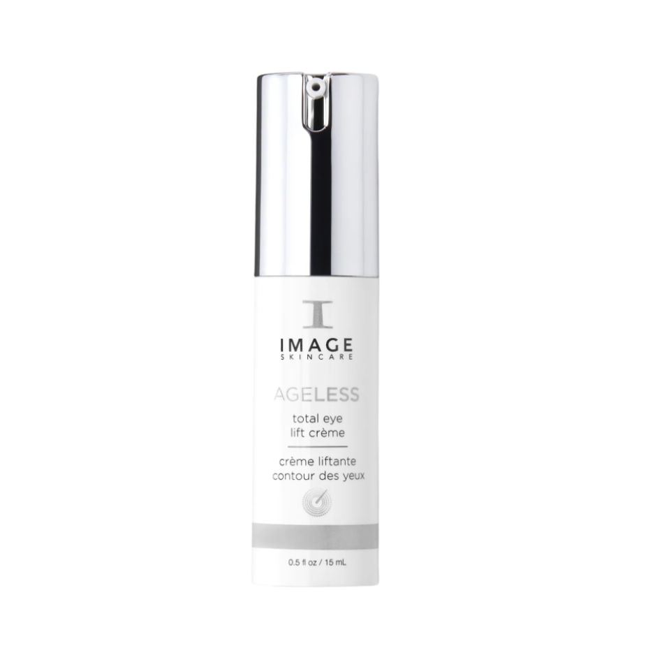 A bottle of IMAGE Skincare Ageless Total Eye Lift Creme, with a white and silver design, indicating it is a cosmetic product for the eye area.