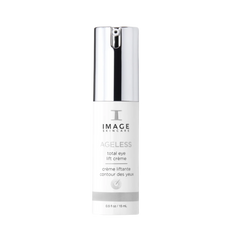 A bottle of IMAGE Skincare Ageless Total Eye Lift Creme, with a white and silver design, indicating it is a cosmetic product for the eye area.