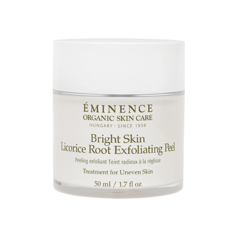 A jar of Eminence Bright Skin Licorice Root Exfoliating Peel with white and green labeling, indicating it is a skin care product for uneven skin.