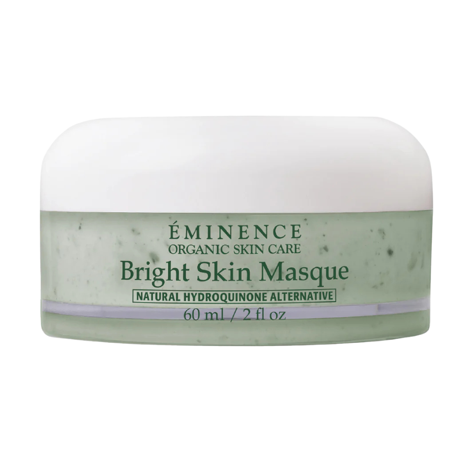 A jar of Eminence Organic Skin Care Bright Skin Masque, labeled as a natural hydroquinone alternative, with a capacity of 60 ml / 2 fl oz.