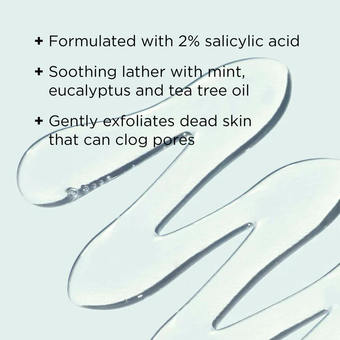 Text detailing skincare product features with a wavy line design on a light background