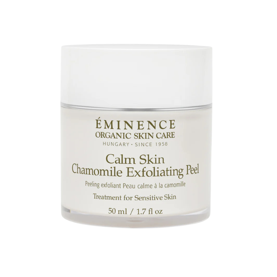 A jar of Eminence Organic Skin Care Calm Skin Chamomile Exfoliating Peel treatment for sensitive skin