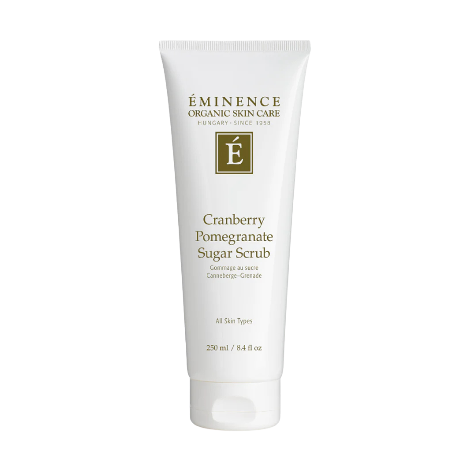 A tube of Eminence Cranberry Pomegranate Sugar Scrub against a white background.