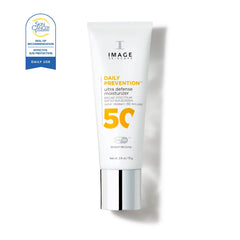 Image of a skincare product labeled 'Daily Prevention' with SPF 50 on a white background.