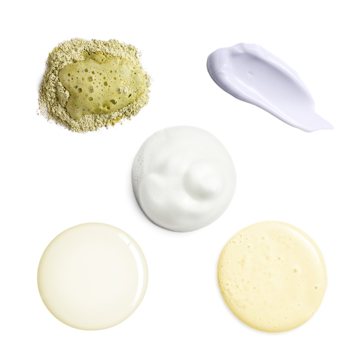 Collection of skincare products including a sponge, cream, and other textures on a white background