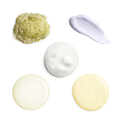 Collection of skincare products including a sponge, cream, and other textures on a white background