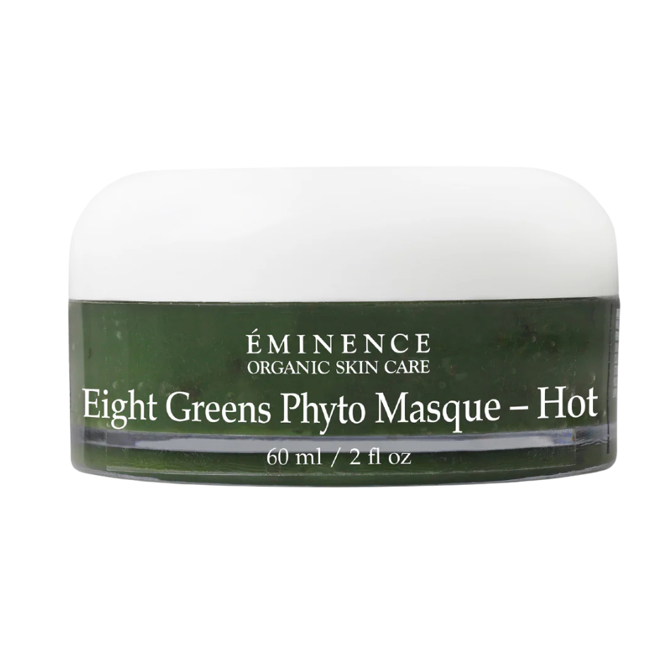 A jar of Eminence Eight Greens Phyto Masque – Hot, with a green label and white lid.
