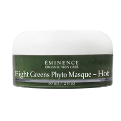 A jar of Eminence Eight Greens Phyto Masque – Hot, with a green label and white lid.