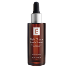 A bottle of Eight Greens Youth Serum with a dropper, labeled for all skin types.