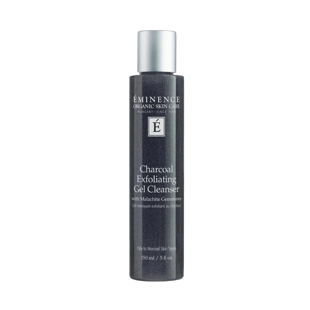 charcoal exfoliating gel cleanser by eminence, tall skinny bottle with black liquid