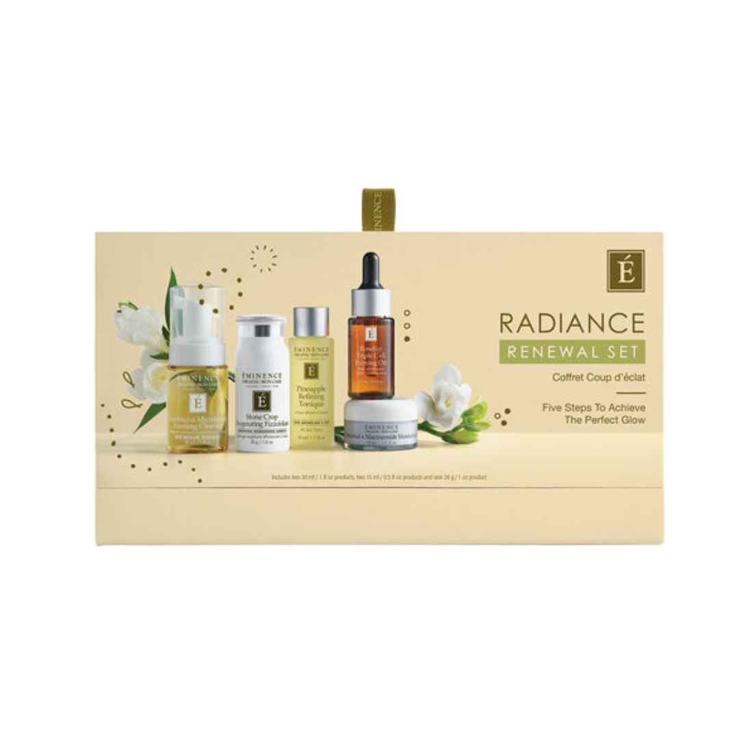 Radiance Renewal Set packaging with skincare products on a beige background