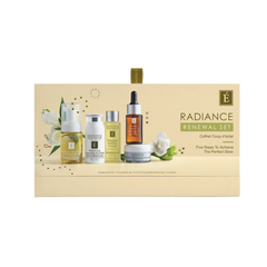 Radiance Renewal Set packaging with skincare products on a beige background