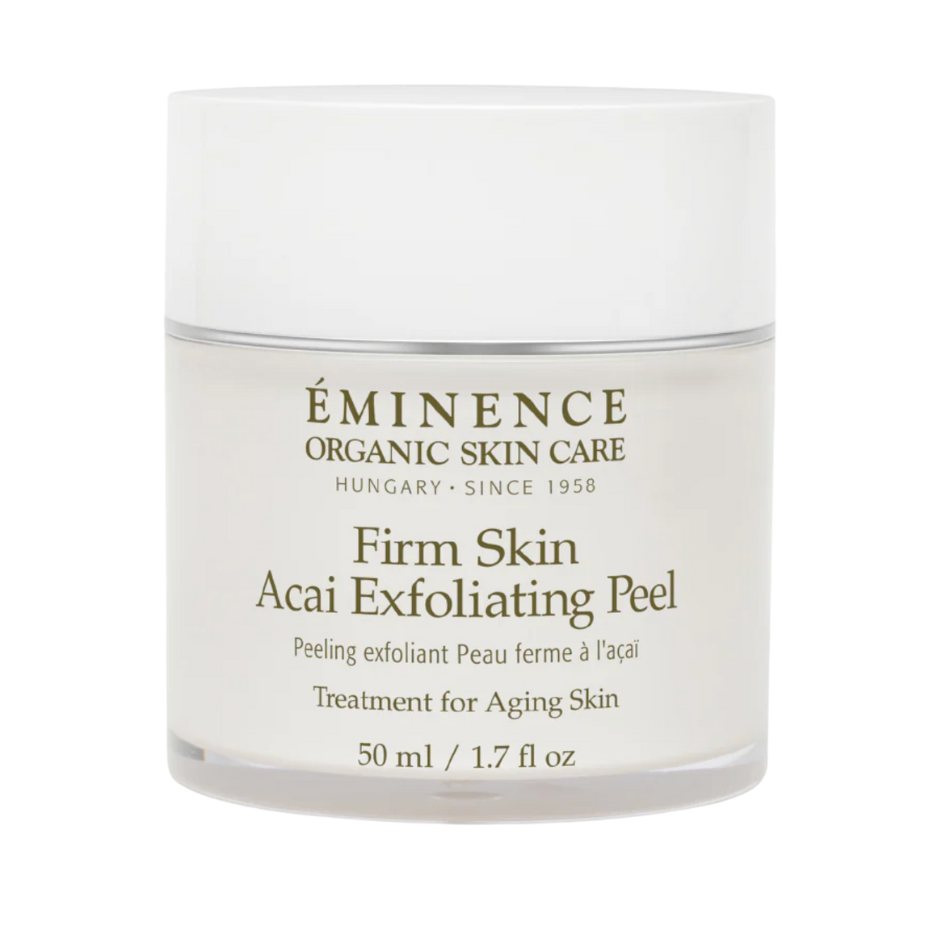 A jar of Eminence Firm Skin Acai Exfoliating Peel with product information on the label.