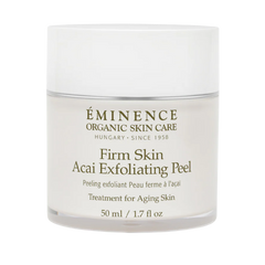 A jar of Eminence Firm Skin Acai Exfoliating Peel with product information on the label.