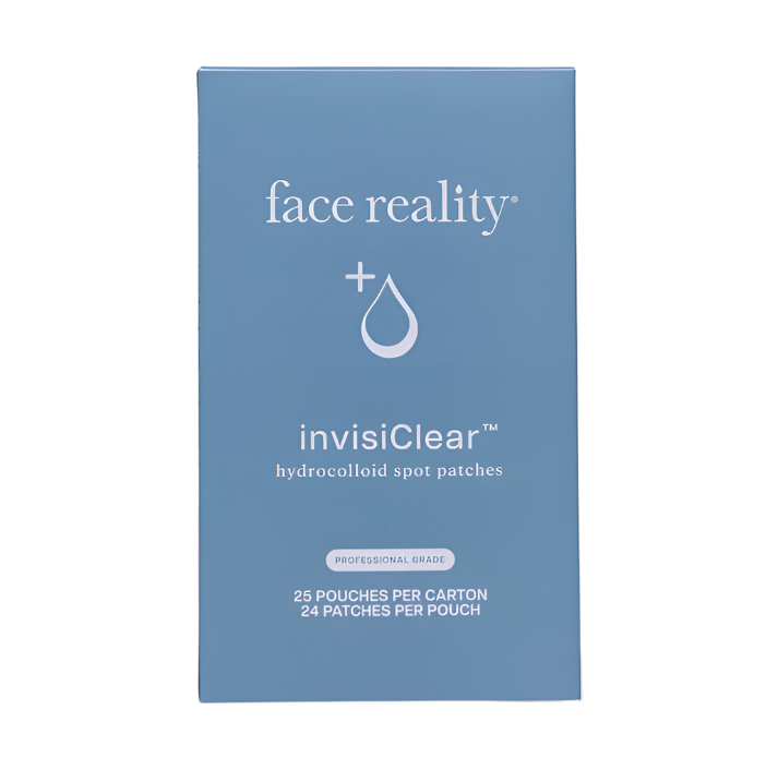 Blue box of face reality invisiclear hydrocolloid spot patches on a light gray background
