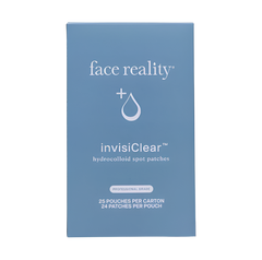 Blue box of face reality invisiclear hydrocolloid spot patches on a light gray background