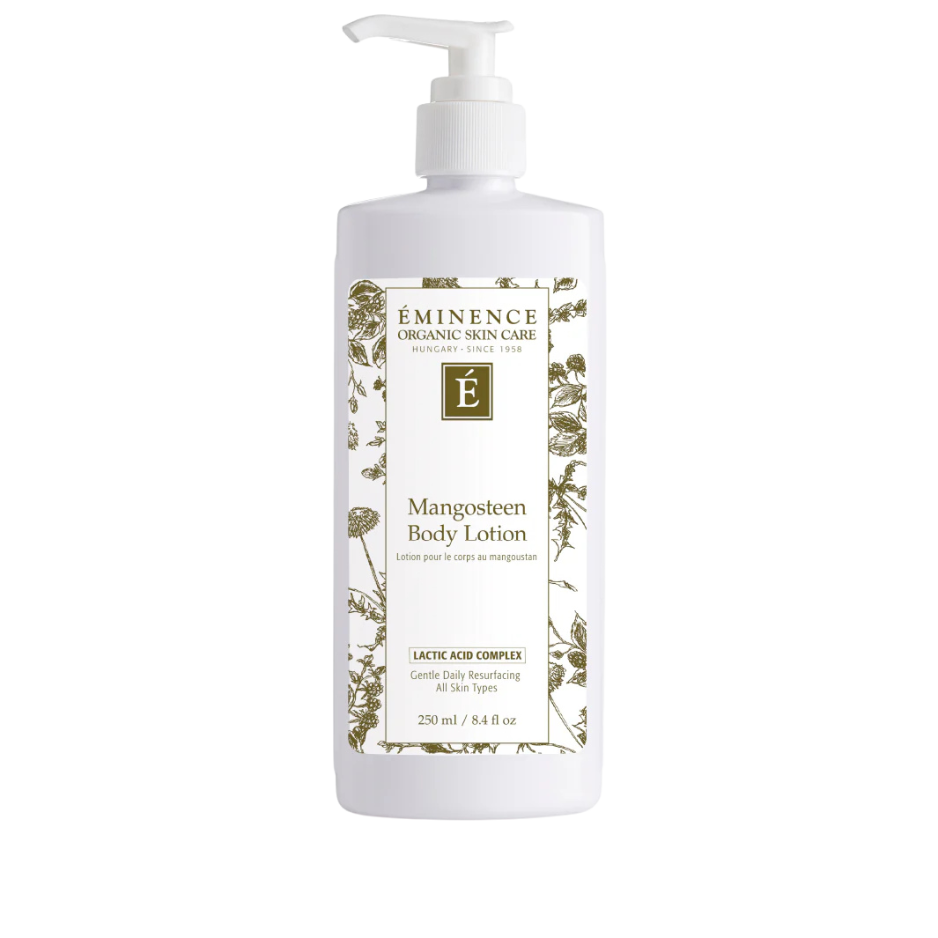 A pump bottle of Mangosteen Body Lotion with a white background, featuring the brand's logo and botanical illustrations.