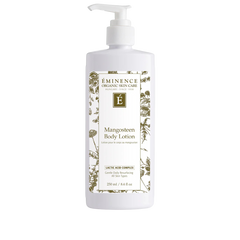 A pump bottle of Mangosteen Body Lotion with a white background, featuring the brand's logo and botanical illustrations.