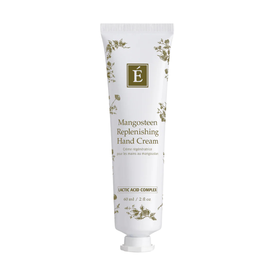 Tube of Mangosteen Replenishing Hand Cream with floral design and the brand's logo on the top