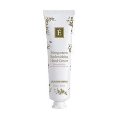 Tube of Mangosteen Replenishing Hand Cream with floral design and the brand's logo on the top