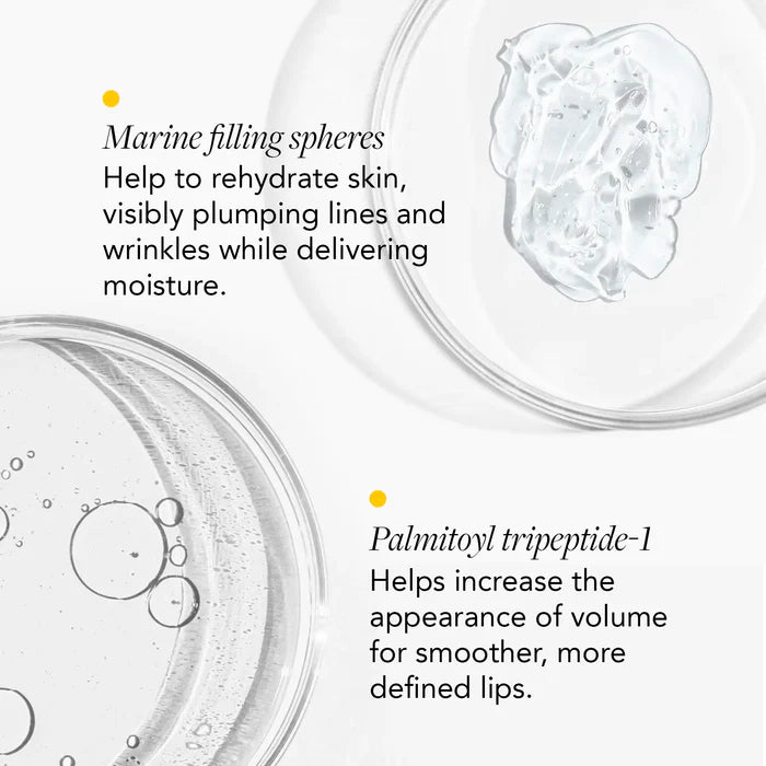 Cosmetic product with text about marine filling spheres and palmitoyl tripeptide-1 benefits.