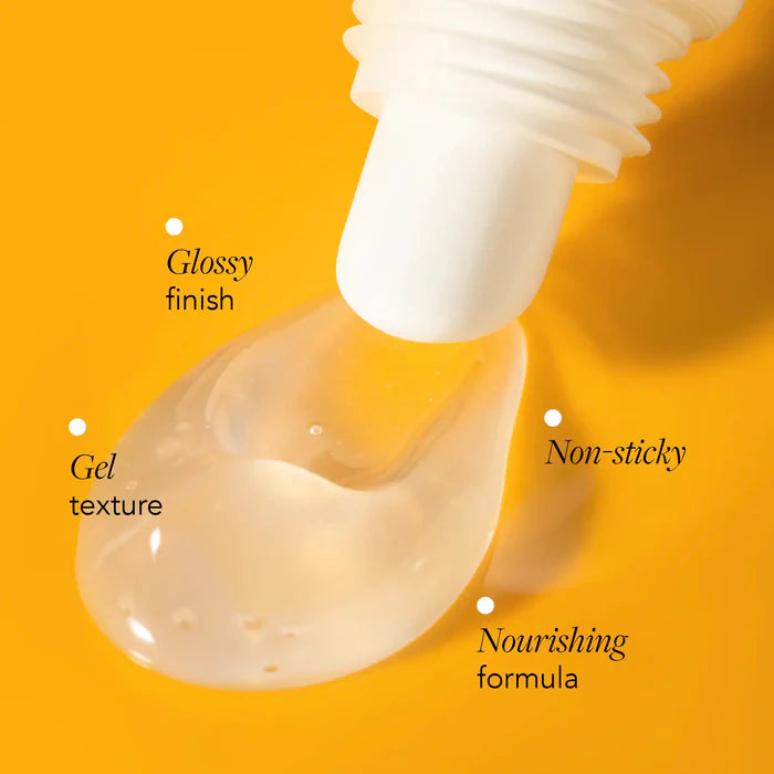 Bottle of skincare product with a droplet on an orange background, labeled 'Glossy finish', 'Gel texture', 'Non-sticky', and 'Nourishing formula'.