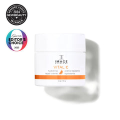Skincare cream jar labeled 'Vital C' with awards on a white background