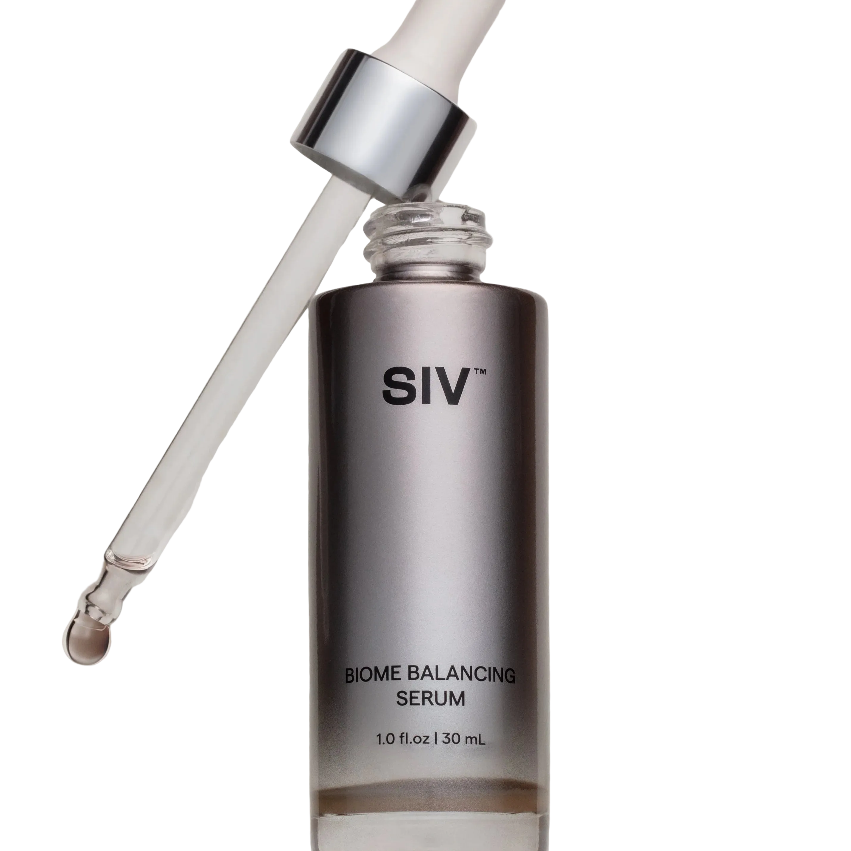 SIV Biome Balancing Serum bottle with dropper on a neutral background