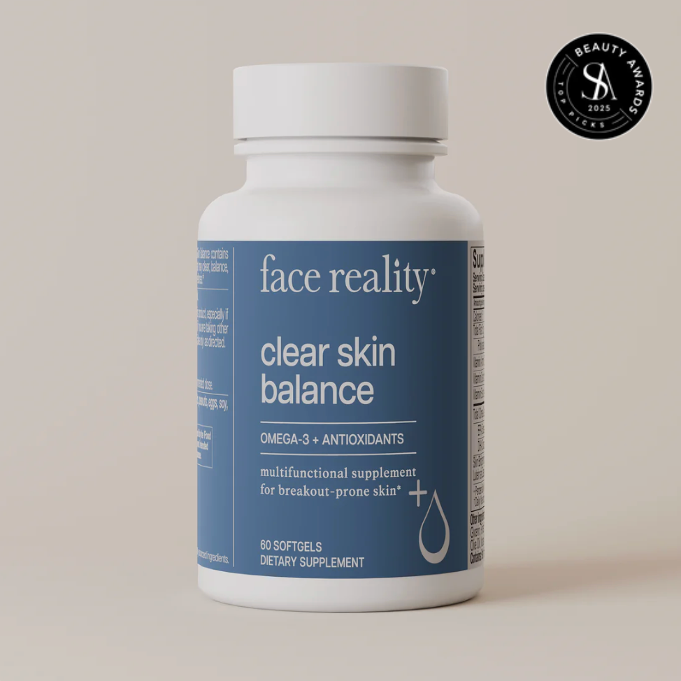 Supplement bottle labeled 'face reality clear skin balance' on a neutral background