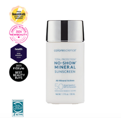 Colorescience sunscreen bottle with awards on a white background