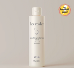 Bottle of 'face reality' toner with a Women's Health Skin Care Award badge on a light gray background