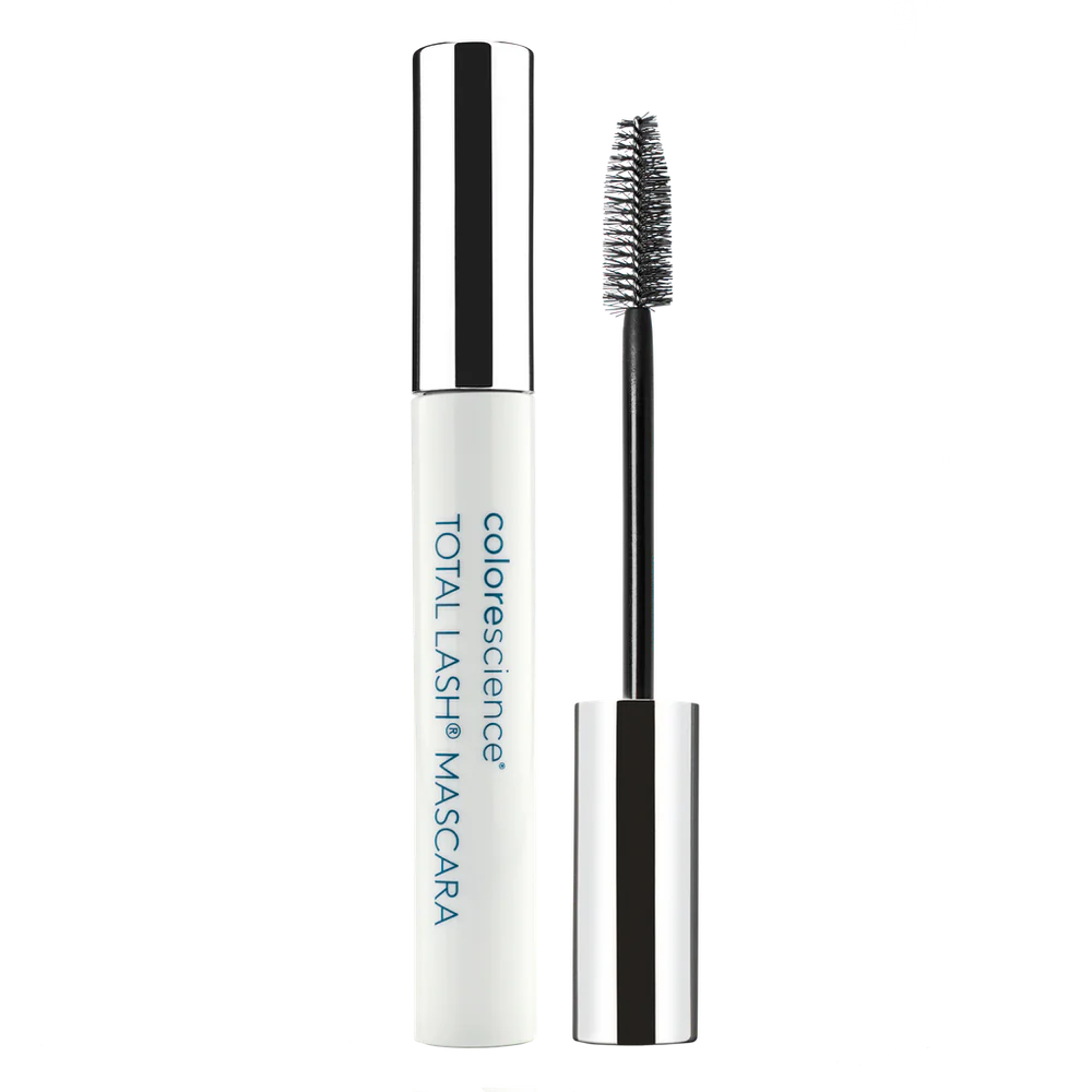Colorescience Total Lash Mascara with white casing and black brush on a white background