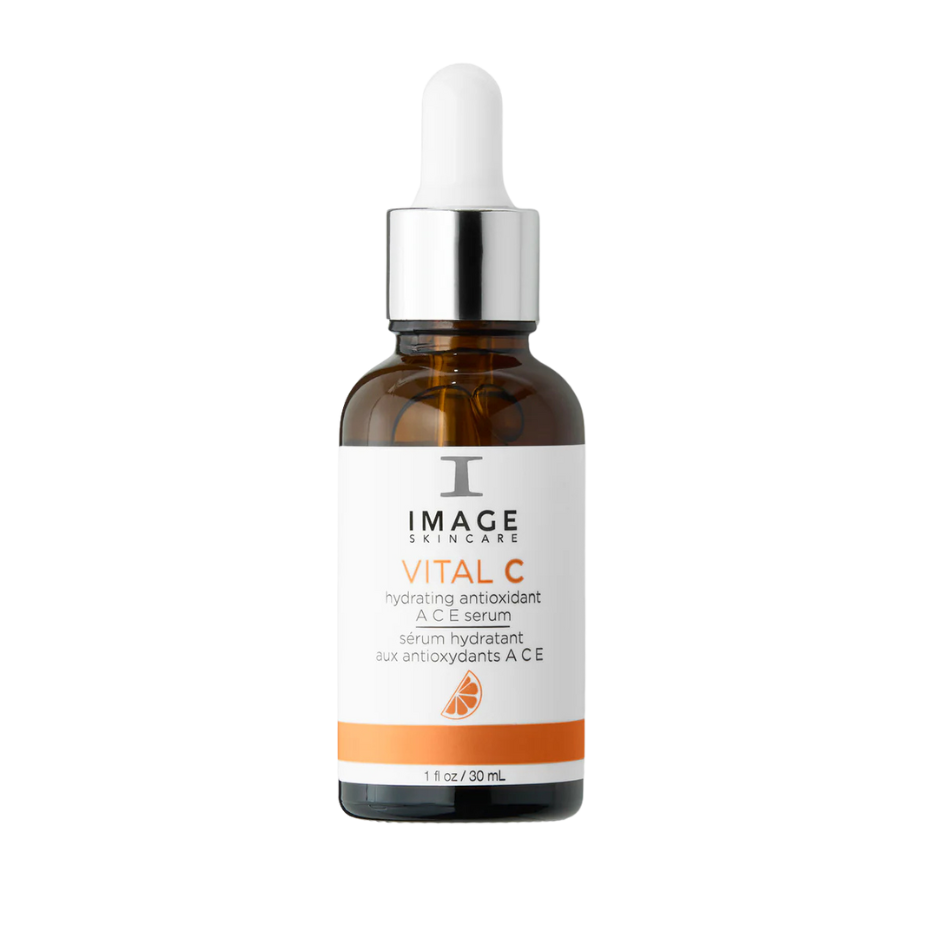 Skincare serum bottle with dropper labeled 'Image Skincare Vital C' on a white background