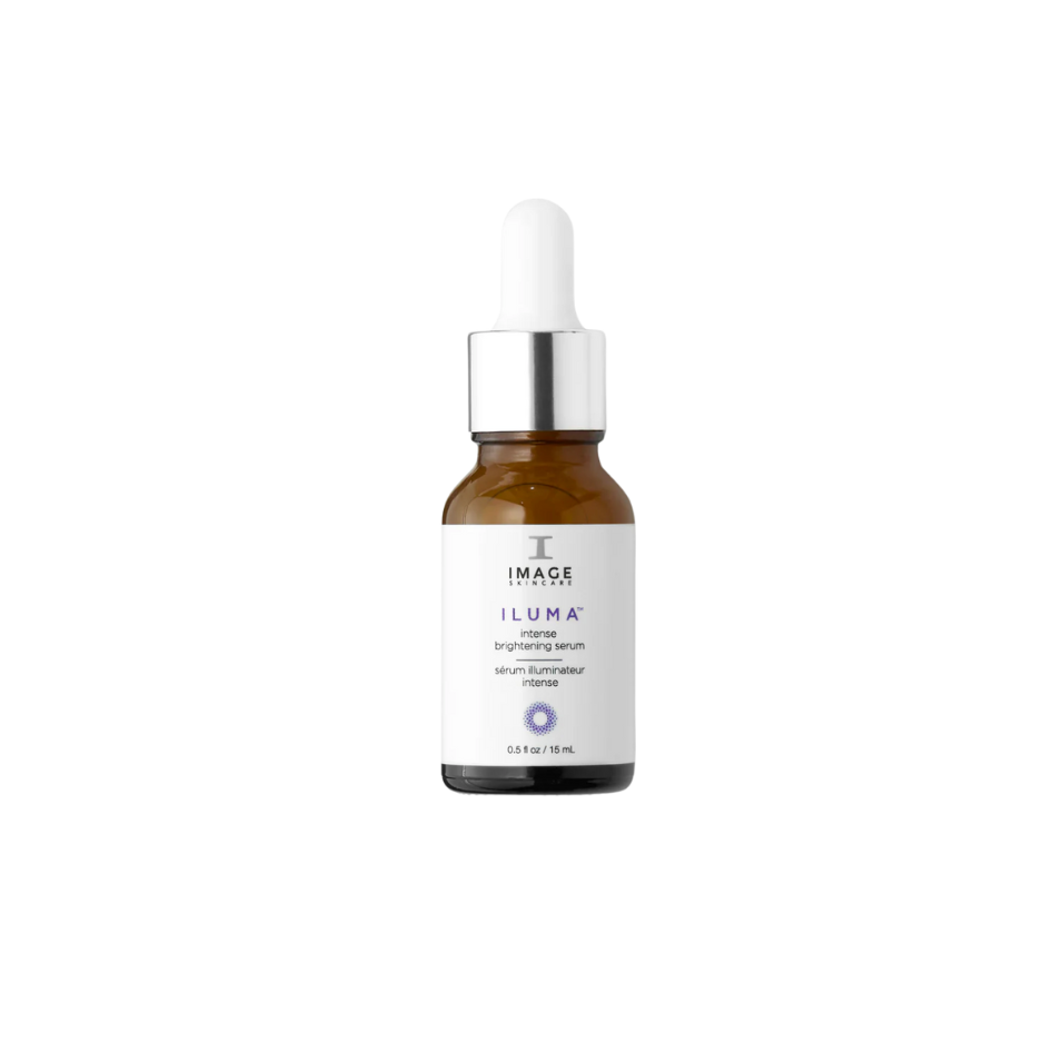 Skincare serum bottle with dropper labeled 'Image Skincare Iluma' on a white background