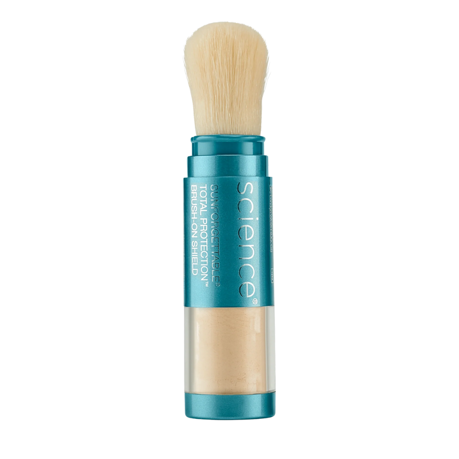 Makeup brush with blue handle and clear container on a white background