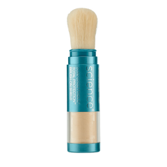 Makeup brush with blue handle and clear container on a white background