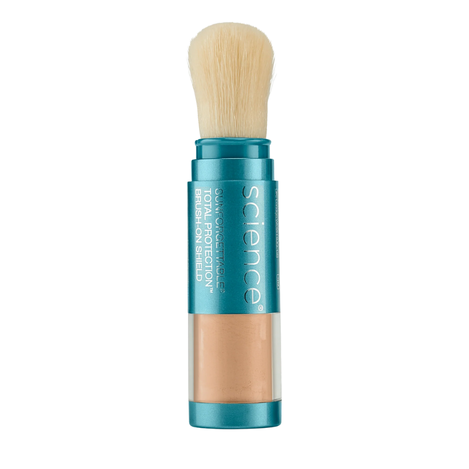 Makeup brush with blue handle and beige bristles on a white background