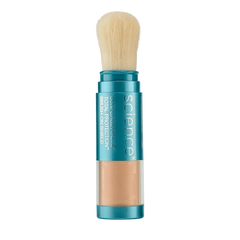 Makeup brush with blue handle and beige bristles on a white background