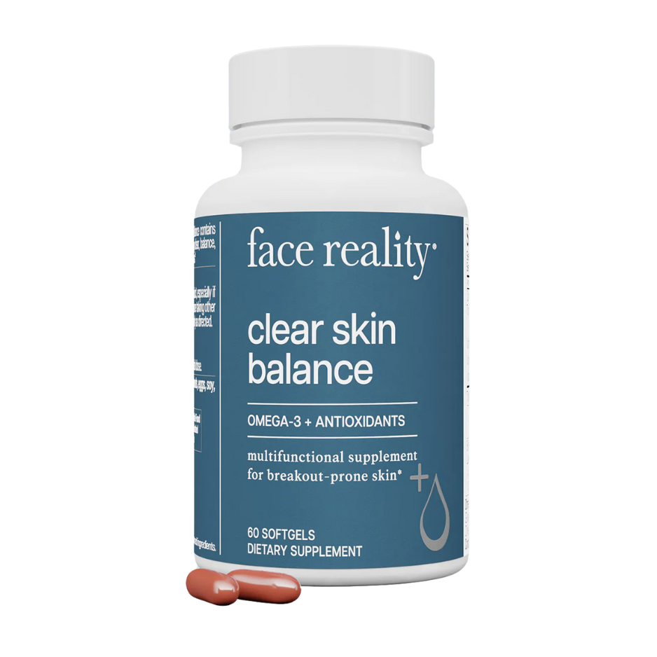 Supplement bottle labeled 'face reality clear skin balance' on a white background