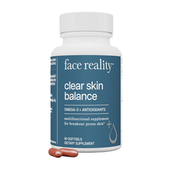 Supplement bottle labeled 'face reality clear skin balance' on a white background