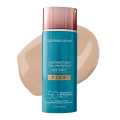 Colorescience Sunforgettable Total Protection Face Shield Flex sunscreen bottle with a beige color swatch on a white background.