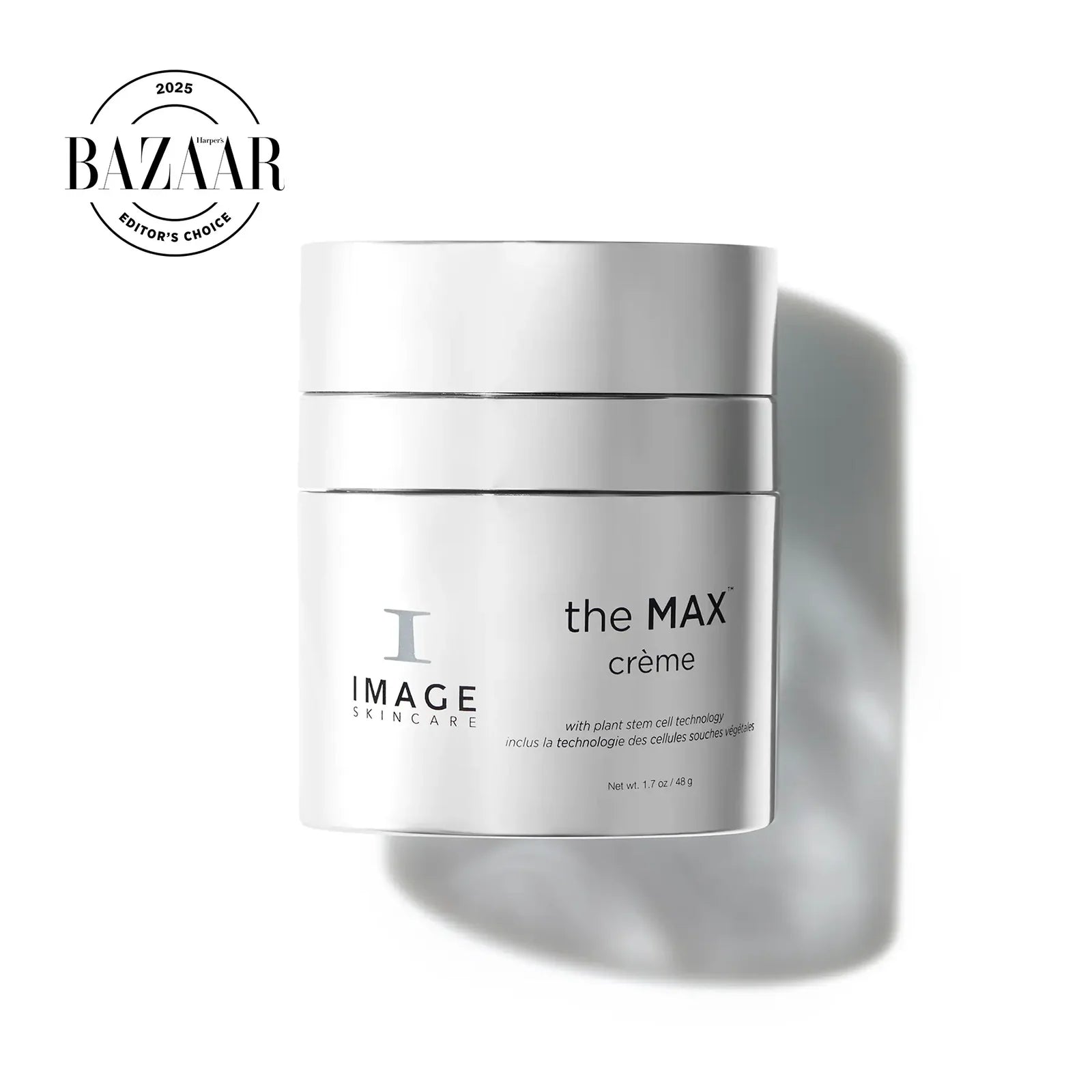Skincare cream jar labeled 'the MAX crème' by IMAGE Skincare with BAZAAR logo on a white background