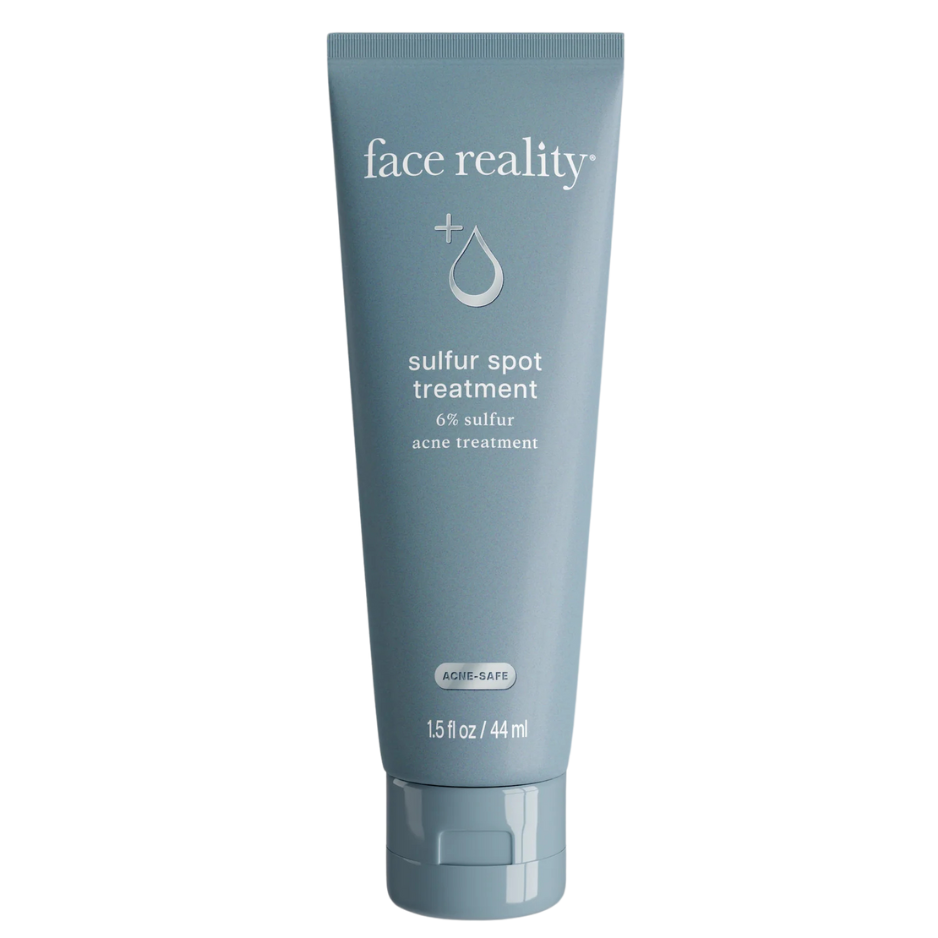 Tube of 'face reality' sulfur spot treatment on a white background