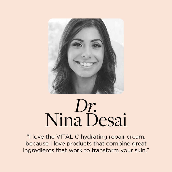 Promotional graphic with Dr. Nina Desai's quote about VITAL C hydrating repair cream on a light pink background.
