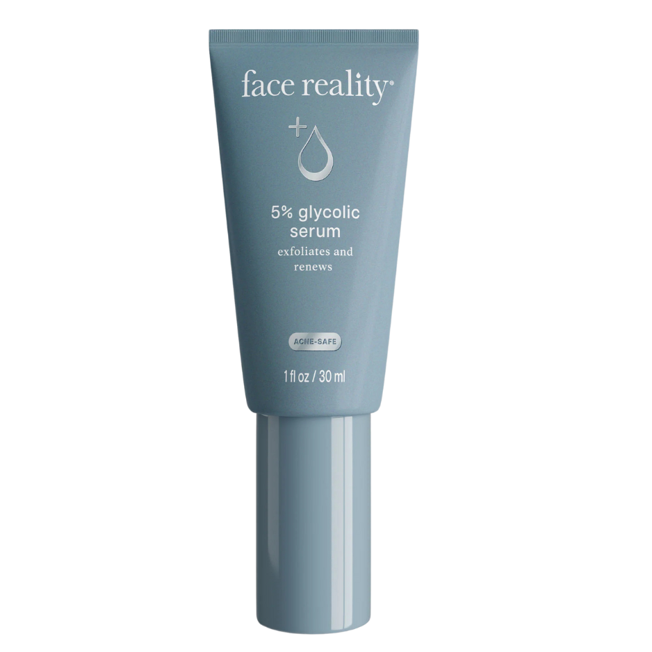 Tube of 'face reality' 5% glycolic serum on a white background