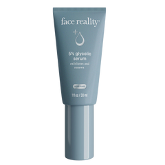 Tube of 'face reality' 5% glycolic serum on a white background