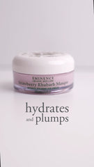 Jar of Eminence Strawberry Rhubarb Masque with text 'hydrates and plumps' on a light background